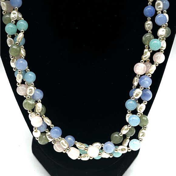 Vintage Pastel Necklace 3 Strand Green Blue White Purple Twisted Bead Necklace - Picture 1 of 4